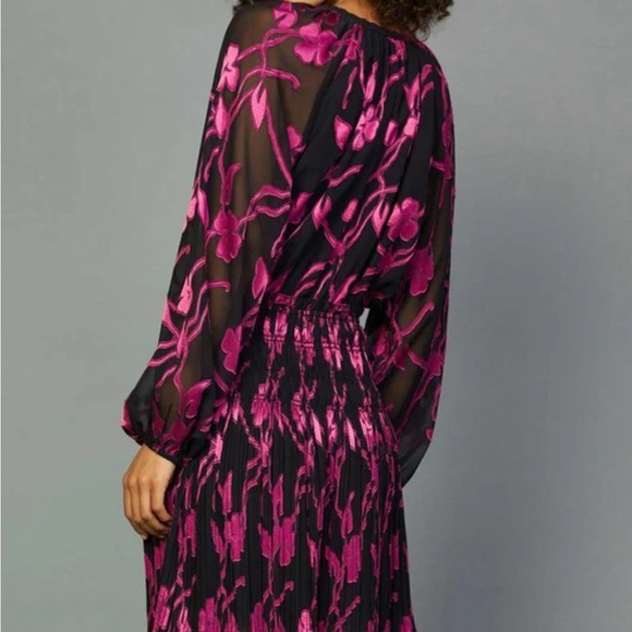 women’s long sleeve flower print, black and pink dress - Picture 3 of 6